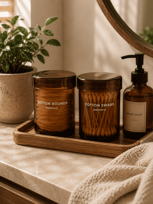 amber apothecary jars for beige bathroom