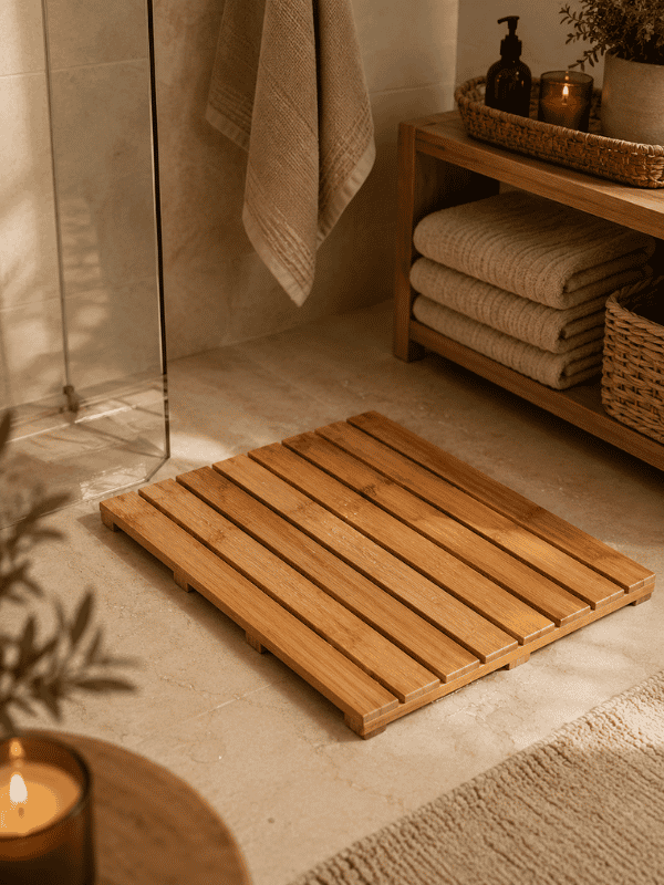 bamboo bath mat for beige and brown bathroom