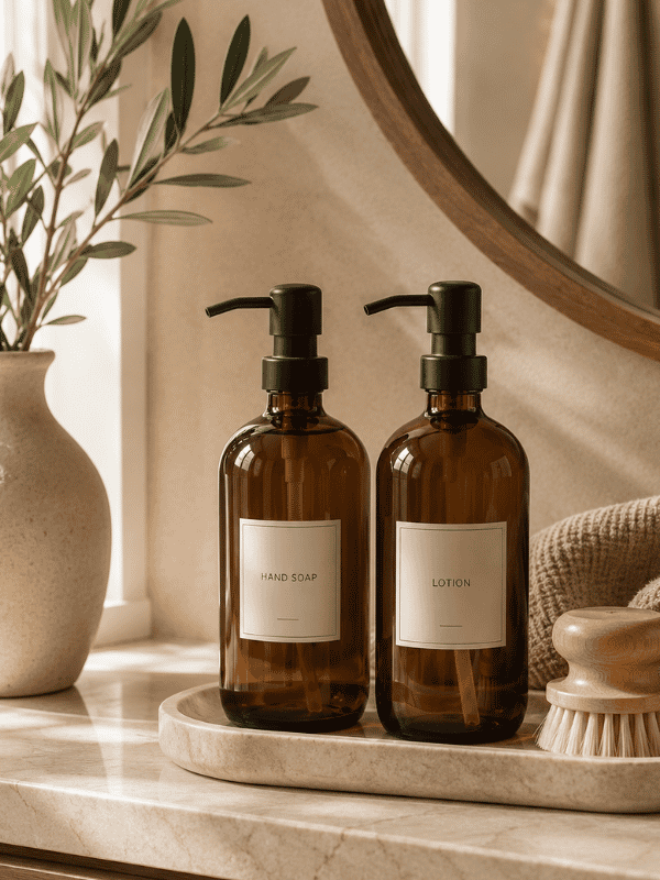 Brown glass soap dispenser for beige bathroom
