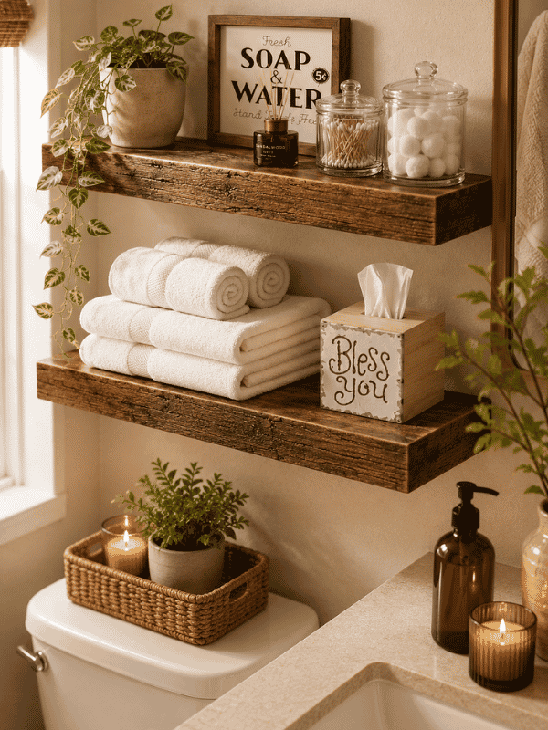Floating wooden shelves for beige and brown bathroom idea