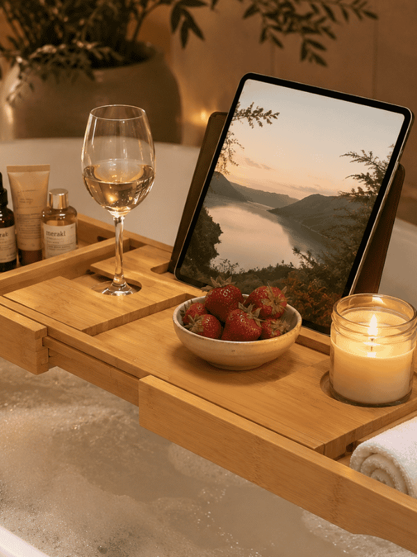 Wooden Bath Tray for Brown and Beige Bathroom