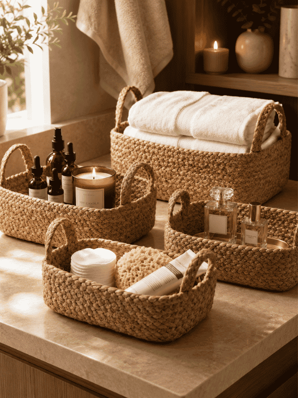Woven Baskets for Brown and Beige Bathroom Decor