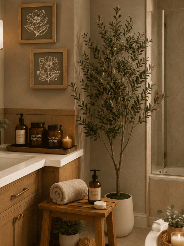 Faux olive tree in bathroom
