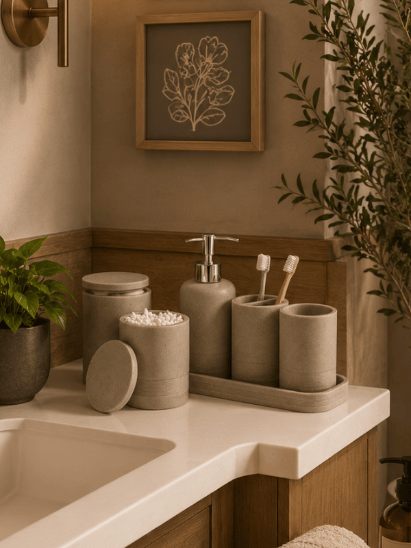Stone toothbrush holders for neutral bathroom