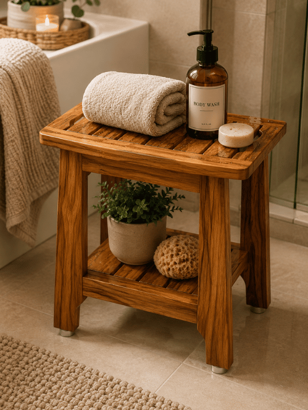 Wooden bathroom stool for neutral decor